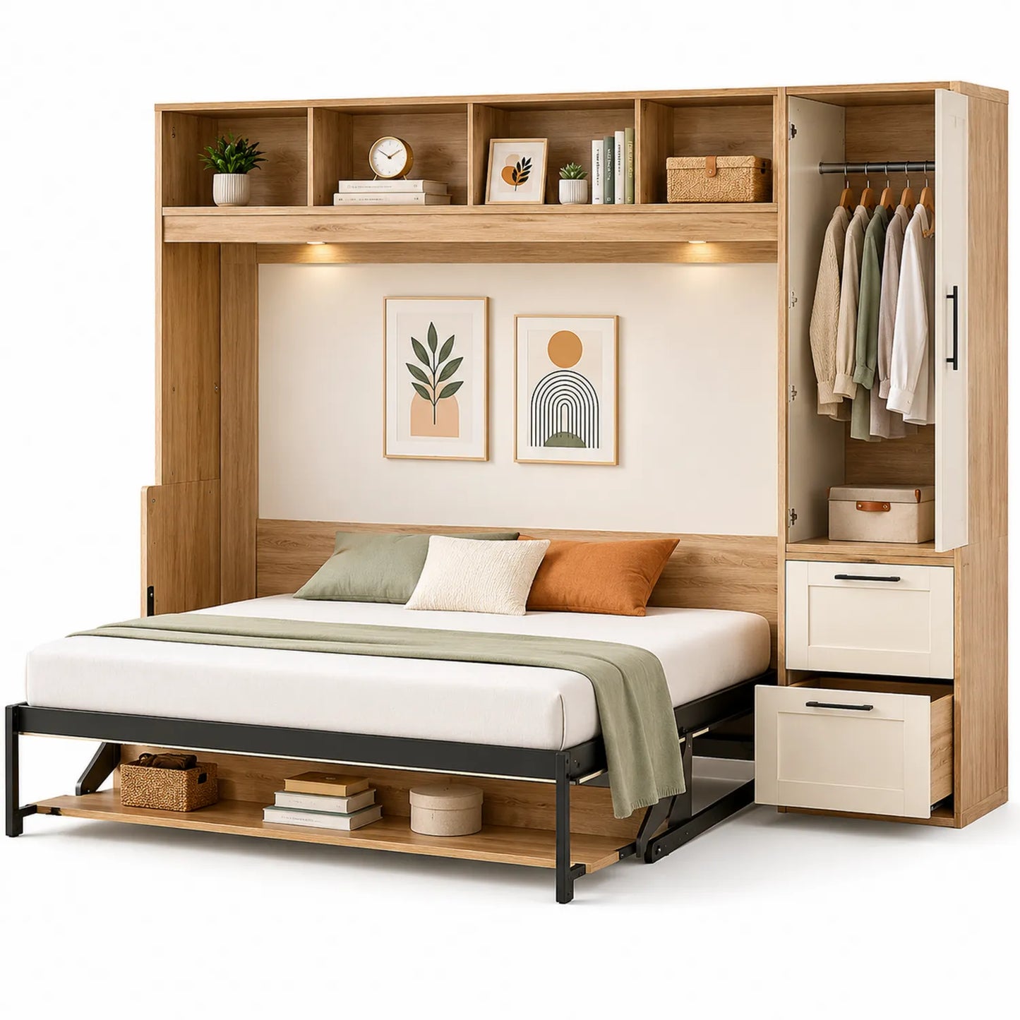 Cama abatible de MDF con almacenamiento color Roble y Crema