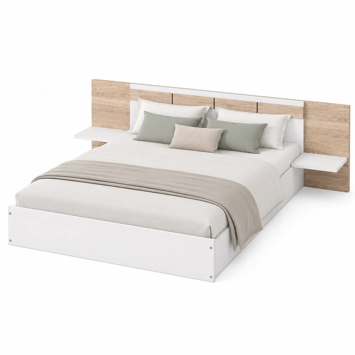 Cama de Madera Aglomerada con Cabecero y Mesillas Integradas 200x160 cm Blanco/Roble