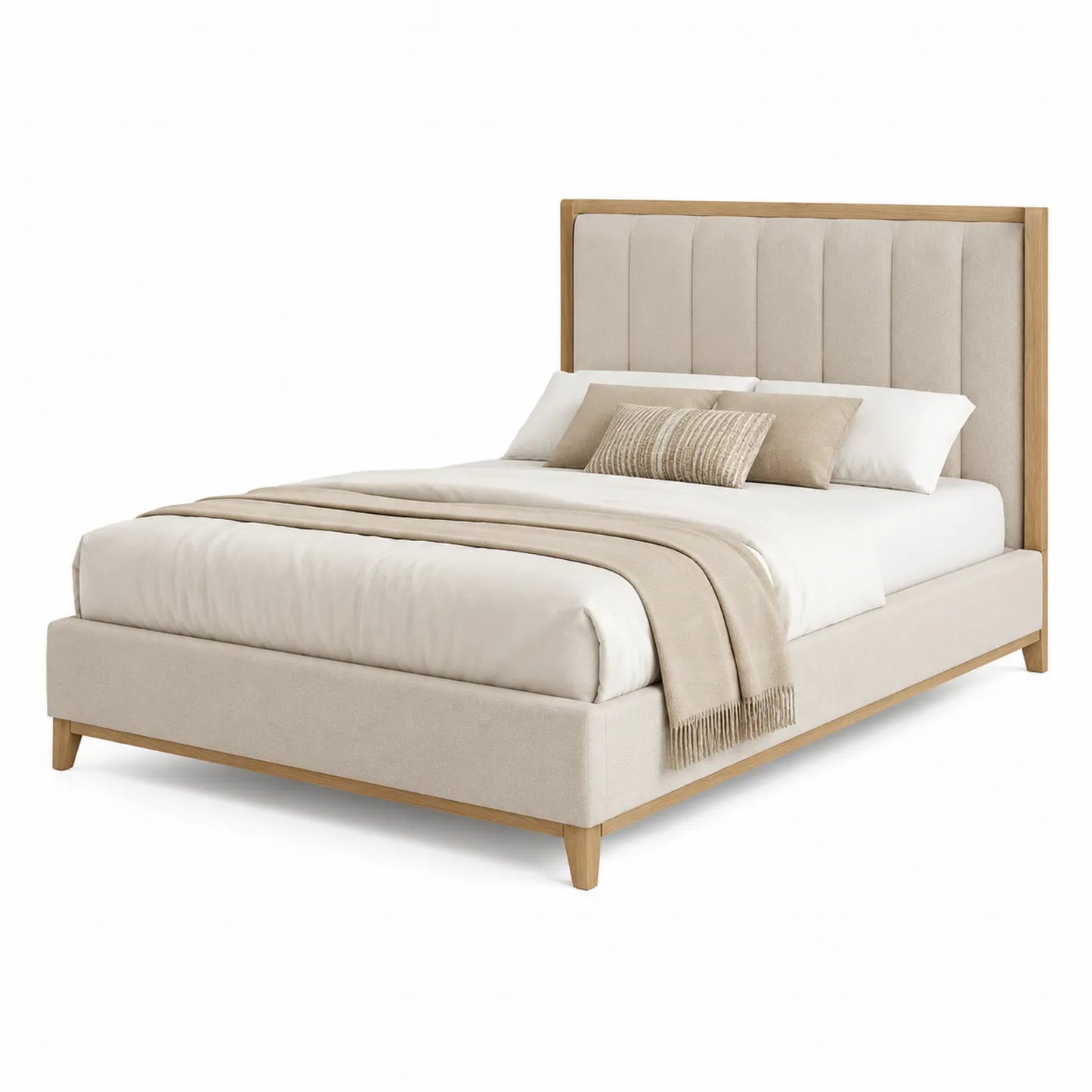Cama de tela beige con estructura de madera 200x160 cm