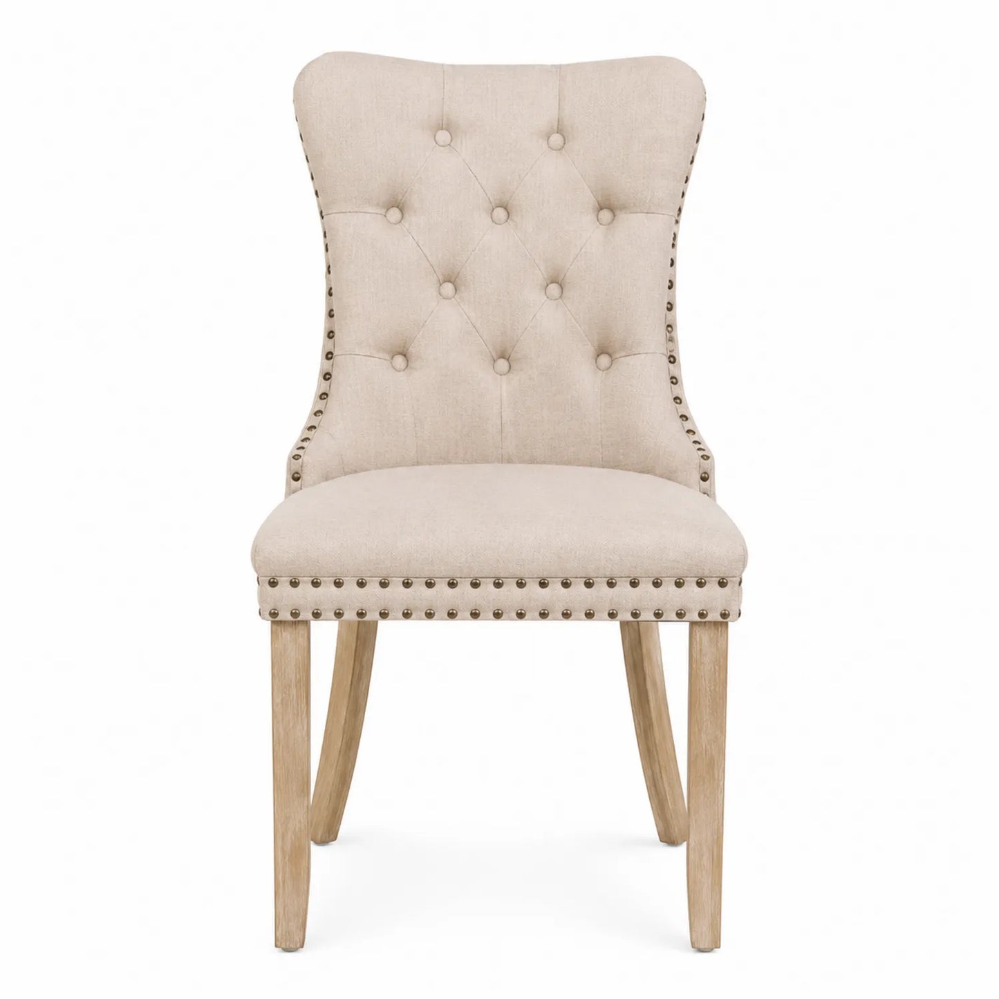Silla tapizada de lino beige con patas de madera de roble