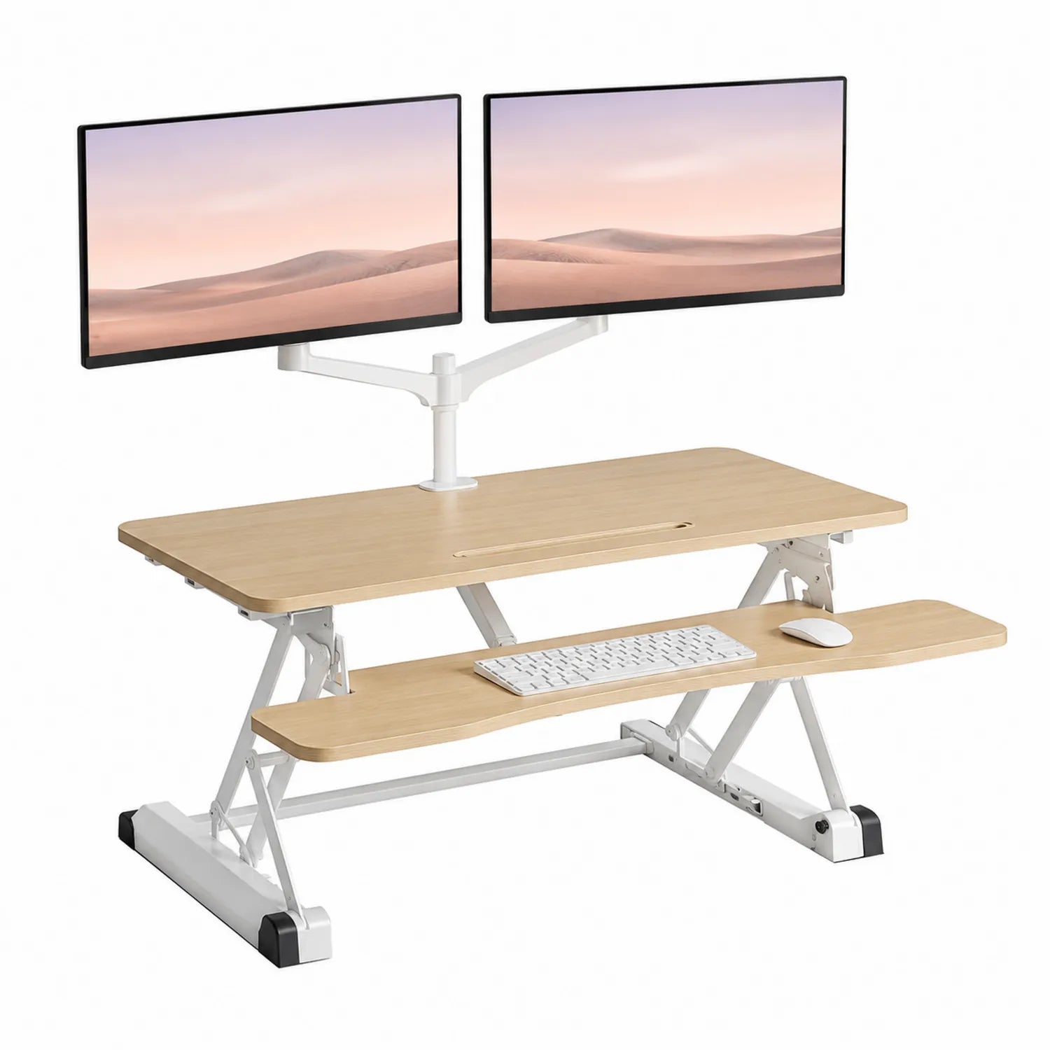 Escritorio Ajustable de Madera y Metal con Soporte para Dos Monitores