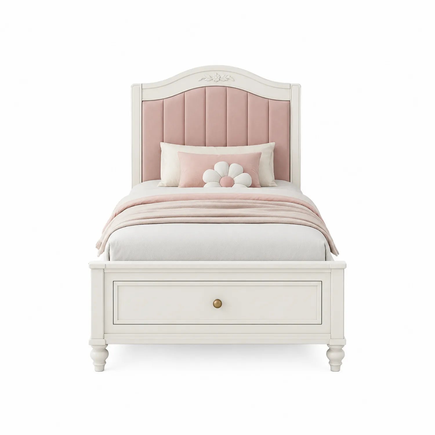 Cama individual de madera con cabecero de terciopelo rosa 200x100 cm