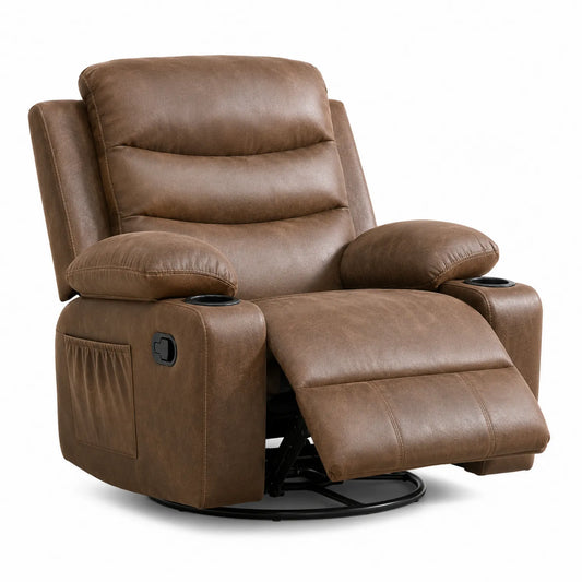 Sillón reclinable giratorio de cuero sintético marrón con portavasos
