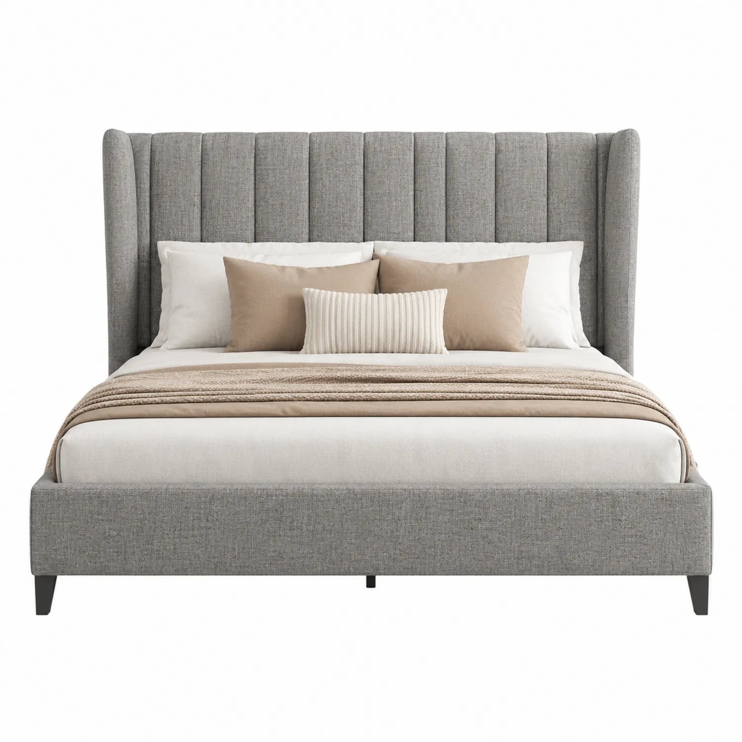Cama tapizada en tela gris con cabecero alto y patas de madera 200x160 cm