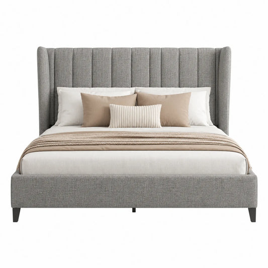 Cama tapizada en tela gris con cabecero alto y patas de madera 200x160 cm