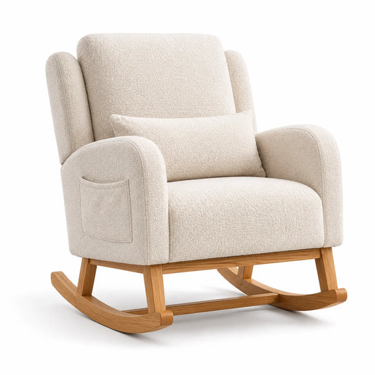 Silla mecedora de bouclé crema con base de madera maciza