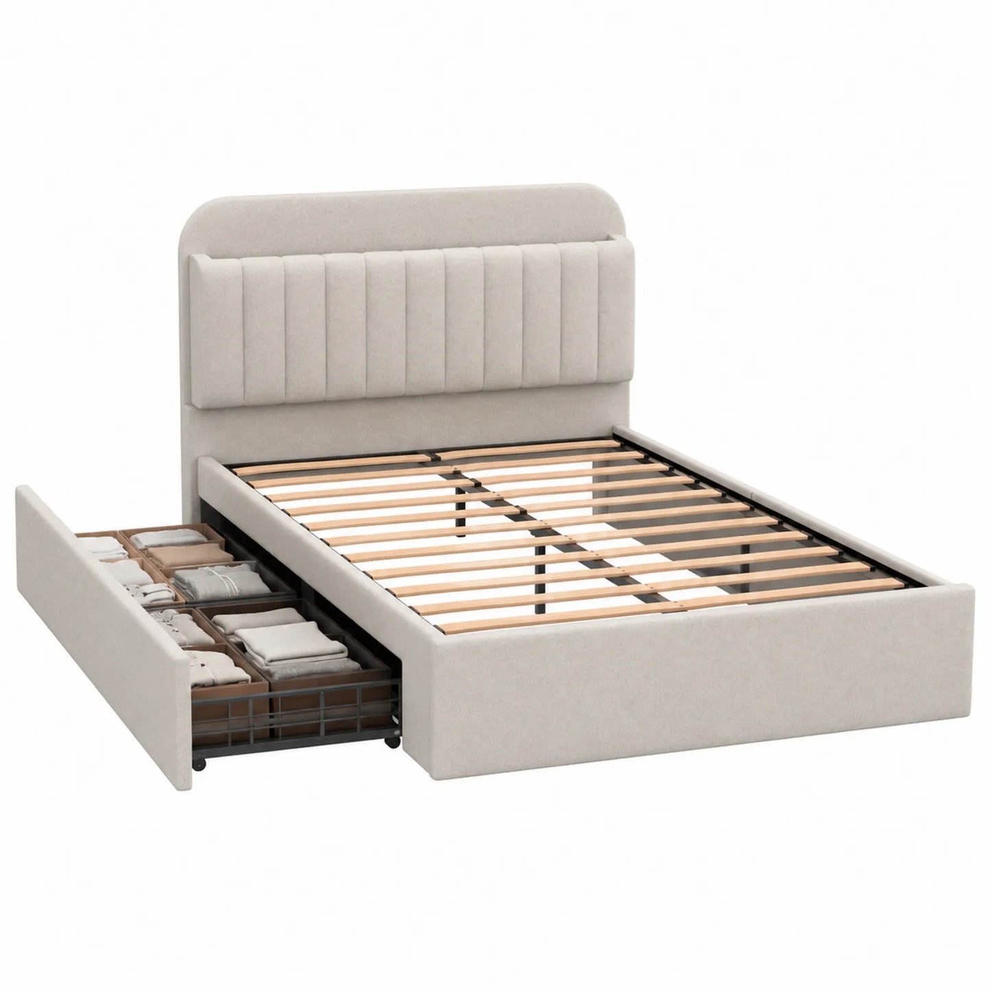 Cama con Cabecero Acolchado y Cajones de Almacenamiento 160x200 cm Beige