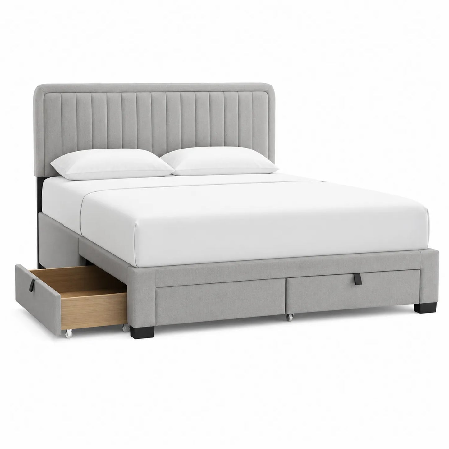 Cama doble con almacenamiento tapizada en poliéster gris 200x160 cm