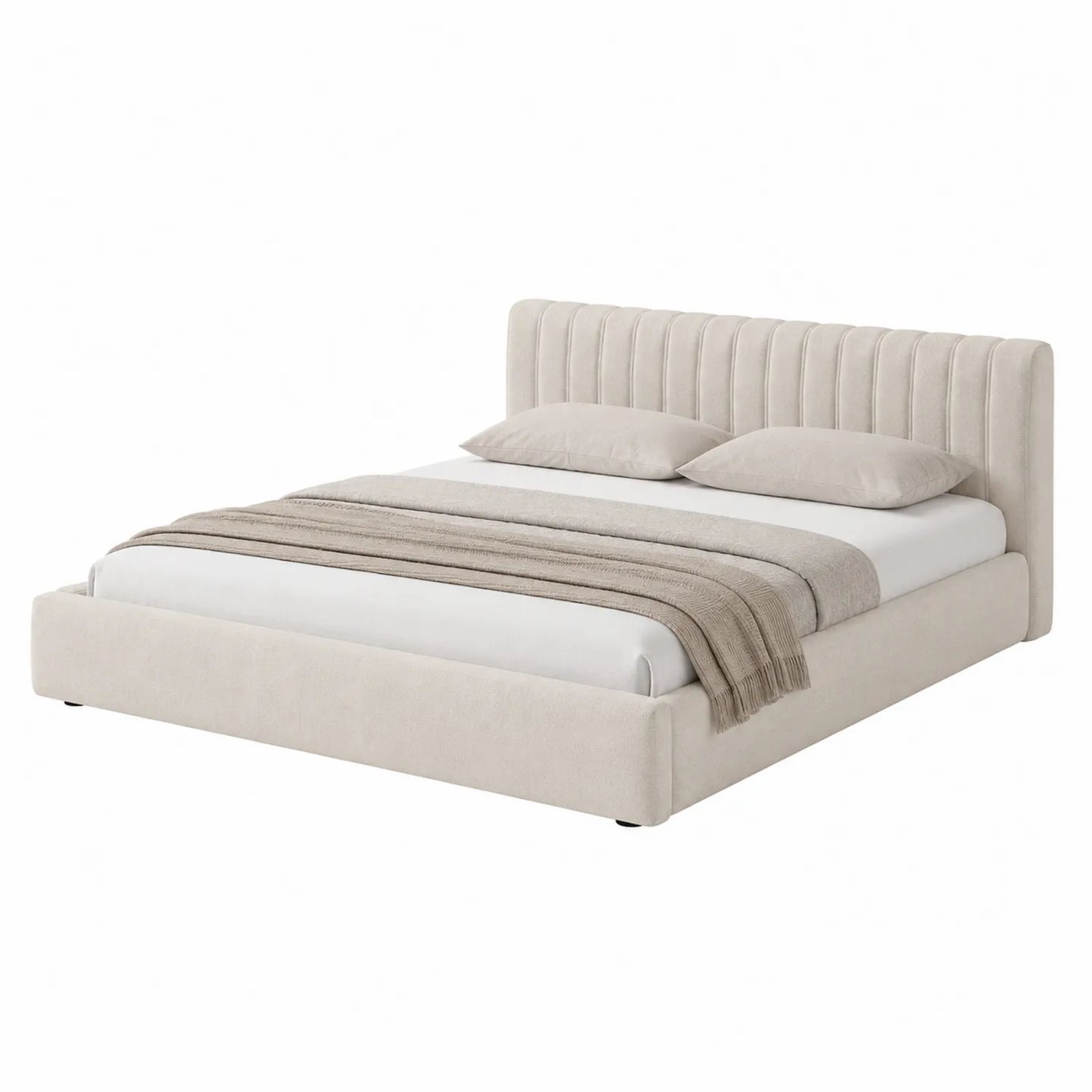 Cama de tela beige 200x160 cm con colchón y almohadas