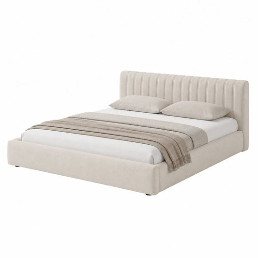Cama de tela beige 200x160 cm con colchón y almohadas