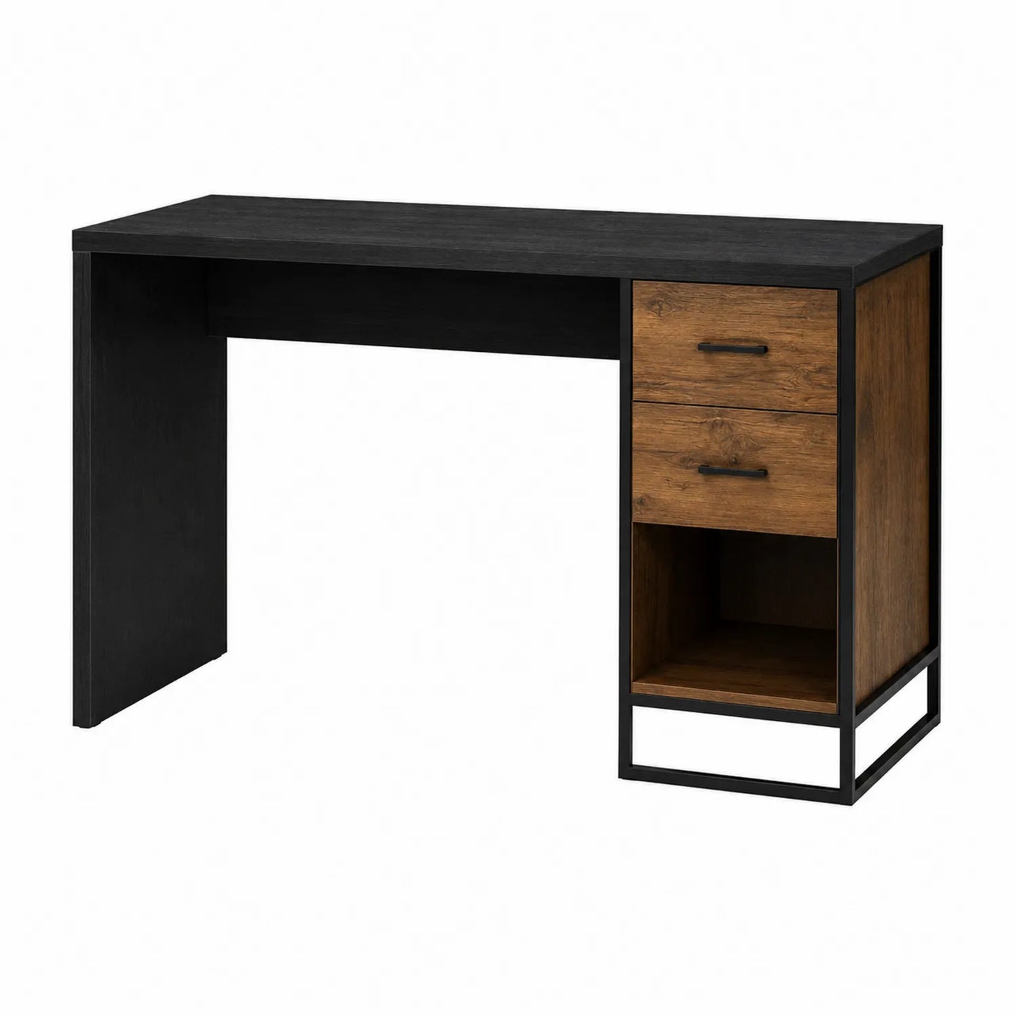 Escritorio de madera y metal negro con cajones y estante 120x60x75 cm