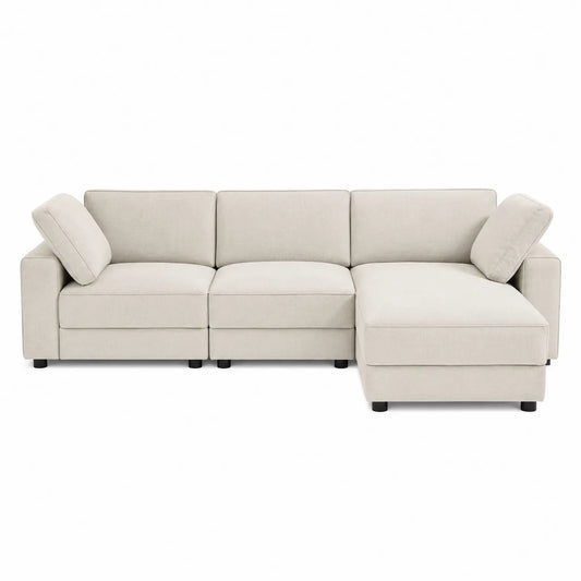 Sofá seccional en L de tela beige 280 cm x 160 cm