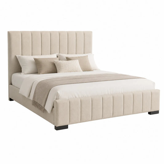 Cama de lino beige con cabecero acolchado 200x160 cm