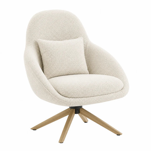 Silla giratoria de poliéster beige con base de madera