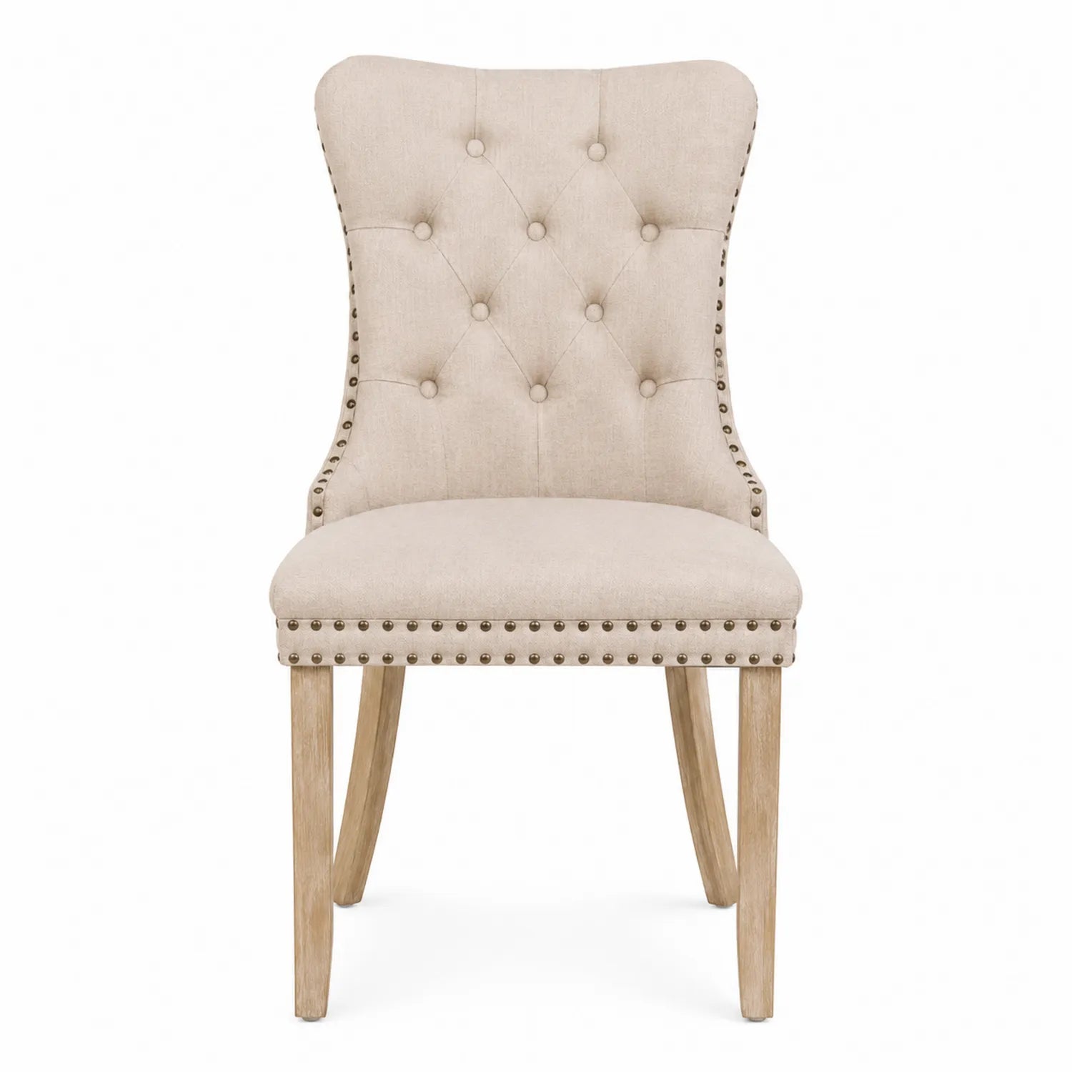 Silla tapizada de lino beige con patas de madera de roble