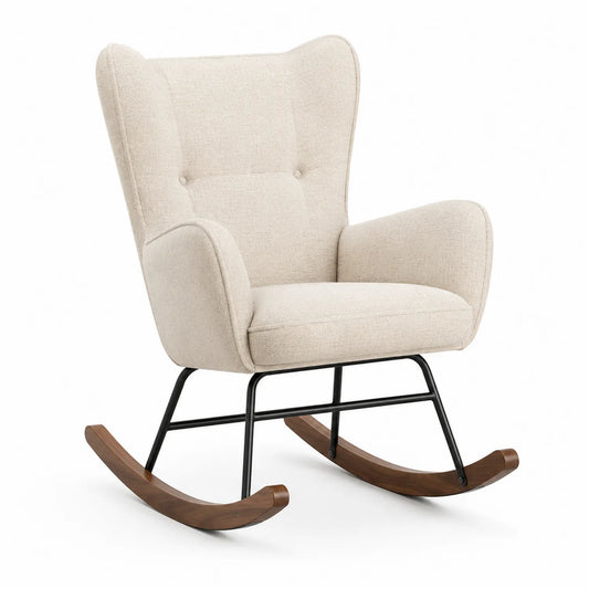 Silla mecedora de tela beige con estructura de metal y base de madera