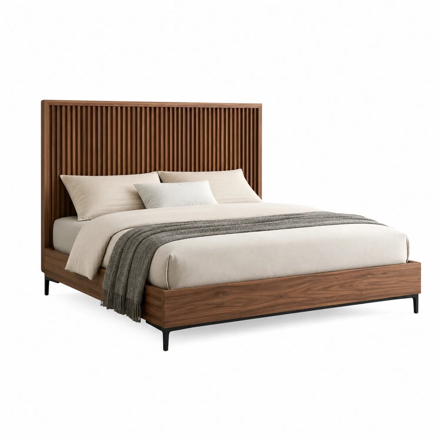 Cama doble de madera de nogal con cabecero alto