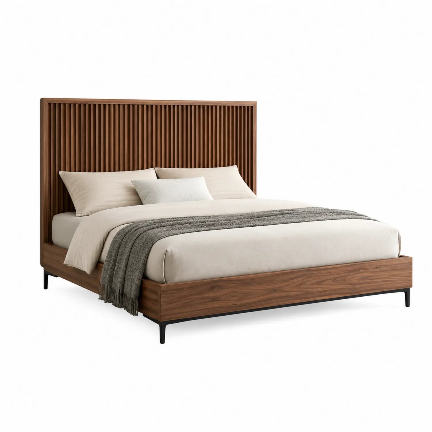 Cama doble de madera de nogal con cabecero alto