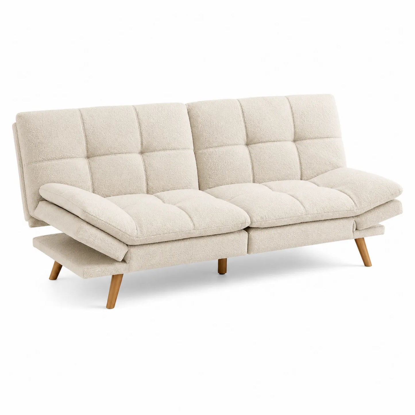 Sofá cama de poliéster beige con patas de madera