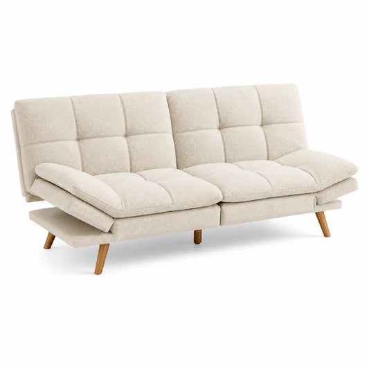 Sofá cama de poliéster beige con patas de madera